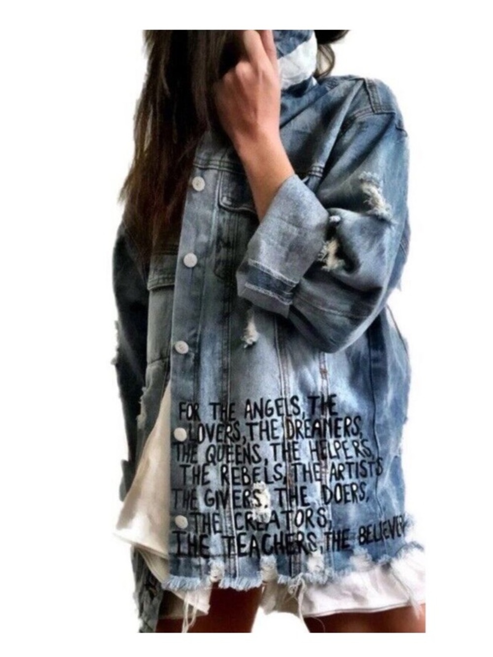 WREN + GLORY Denim Jacket 'DRIPPING HEART' PAINTED Oversized SZ L/XL